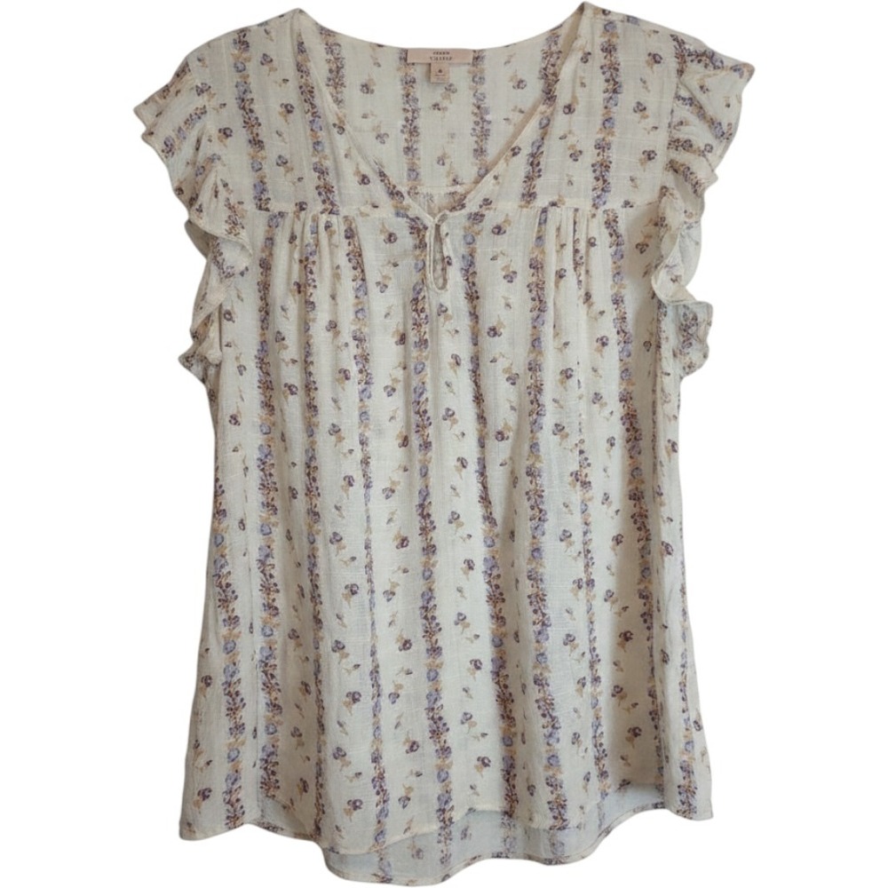 Como Vintage Floral Stripe Flutter Sleeve Gauze Blouse Cream Lavender M